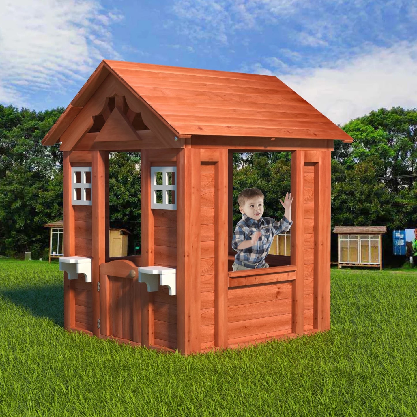 COCLUB Playhouse for Kids Outdoor, Modern Wooden Playhouse with Working Door, Windows, Flowers Pot Holder, Play House for Kids Ages 4-8, 42"x46"x55"