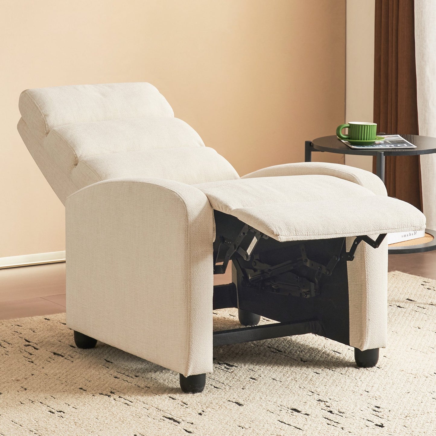 Furniliving Manual Recliner Chair, Upholstered Recliner Sofa with Footrest and Arms, Adjustable Modern Single Sofa with Padded Seat Backrest for Living Room, Beige