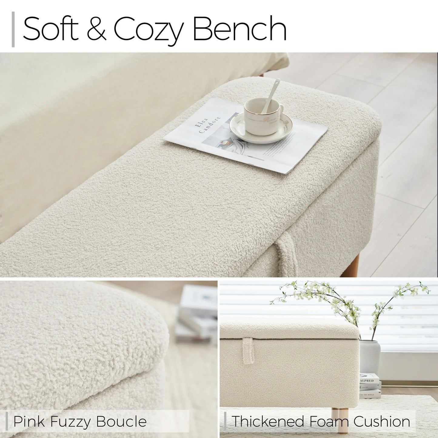 Comfort Stretch 39.3 Length Storage Ottoman Bench for Living Room,White Bedroom Bench with Entryway Storage Rectangular Boucle Foot Rest Stool Padded Seat