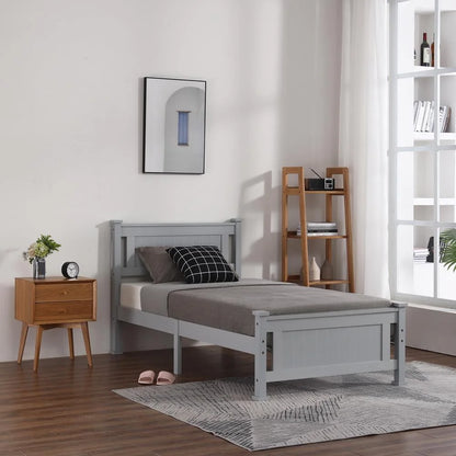 Ktaxon Twin Bed Frame,Solid Pine Wood Twin Platform Bed Frame, Bedroom Twin Bed with Headboard for Adults, Gray, 75.04"L*38.98"W*37.8"H