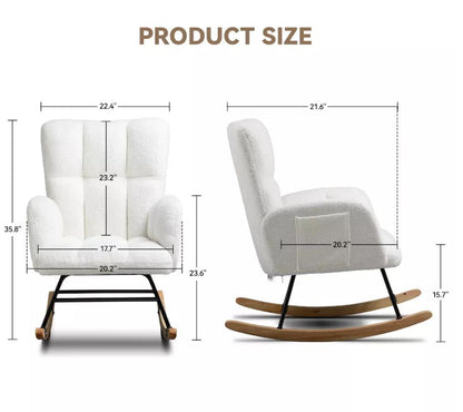 COMHOMA Modern Nursery Rocking Chair, Teddy Upholstered Glider Accent Chair with Side Pockets, High Backrest