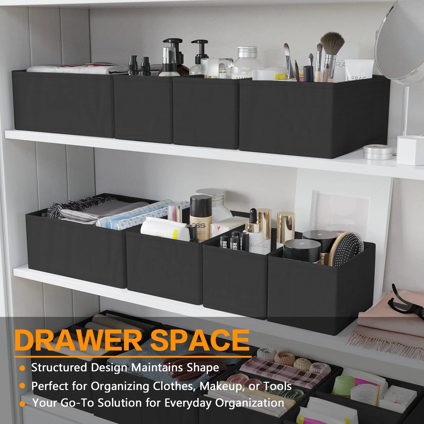 12 Pack Drawer Organizer Clothes, Dresser Organizer Bins for Nursery, Closet Organization and Storage Dividers for Clothing, Baby Clothes, Underwears, Socks - Black