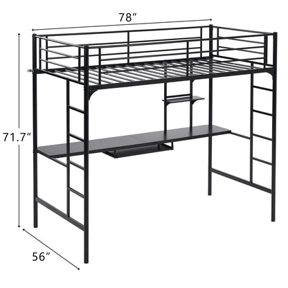 Ktaxon Twin Loft Bed with Desk, Metal Bunk Bed Frame with Shelf for Small Space, Black