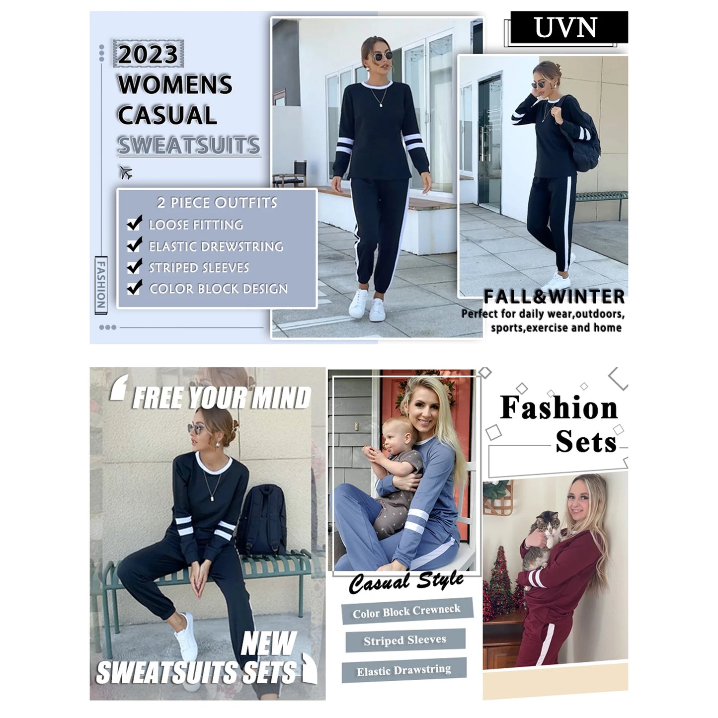 UVN Sweatsuits Womens 2pcs Sets Jogger Set Casual 2 Piece Outfit Striped Sweatshirts Long Tracksuits