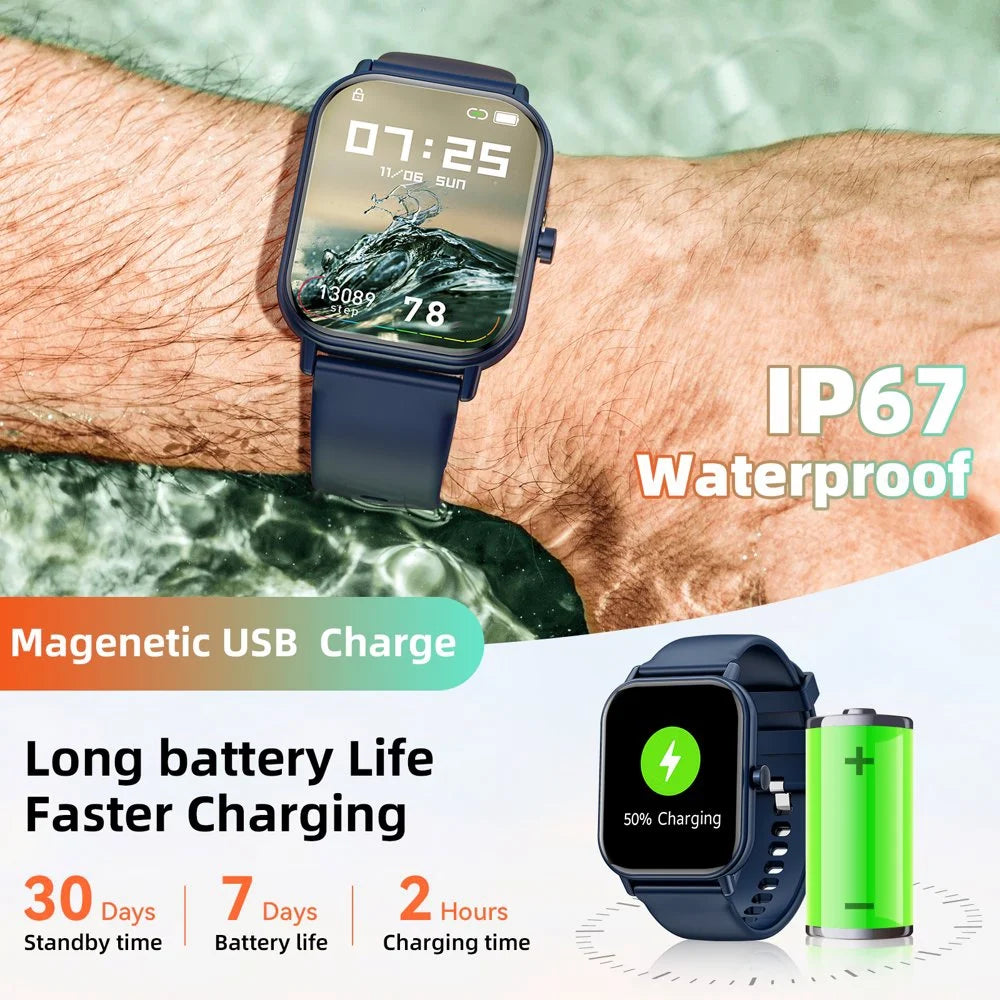 Mingdaln smartwatch for Android and Iphone Devices，1.85 Inches with Answer/Make Calls/100+ sport mode/IP68 Waterproof, with Activity Fitness Tracker for men and women (Blue)