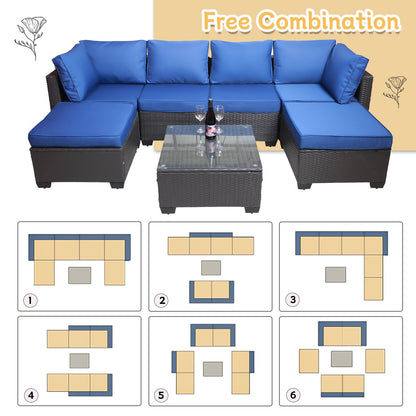 SEGMART Outdoor Patio Conversation Sofa Set, 7PCS Patio Patio Furniture Sets with Coffee Table, All-Weather Wicker Sofa for Patio & Garden w/2 Pillows, Black Wicker + Blue Cushion