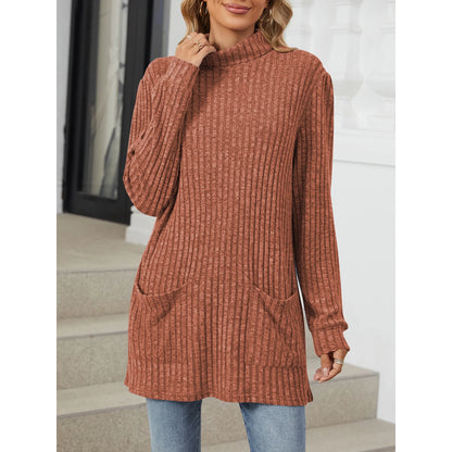 TEMOFON Sweaters for Women Long Sleeve Knit Tunic Tops Fall Casual Turtleneck Loose Fit Pullover with Pocket Size XL