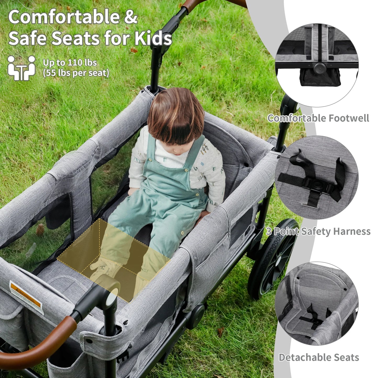AILEEKISS Wagon Stroller for 2 Toddler 6 Months+, Collapsible Stroller Wagon with Canopy, Dark Grey