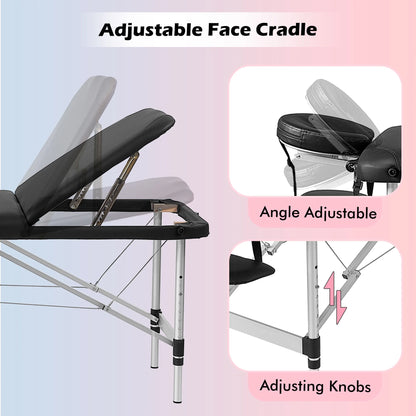 TrumanPick Massage Bed Portable Massage Tables Aluminium 3 Folding Height Adjustable Facial Salon Tattoo Bed with Non-Woven Bag, 24 inch Width Pink
