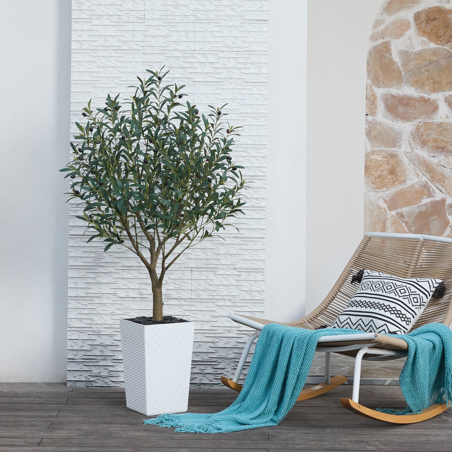 DR.Planzen UV Resistant 5ft Artificial Olive Tree in White Large Planter with Pebbles– Faux Olive Tree for Indoor and Outdoor Decor, Lifelike Greenery for Home  Garden Decor