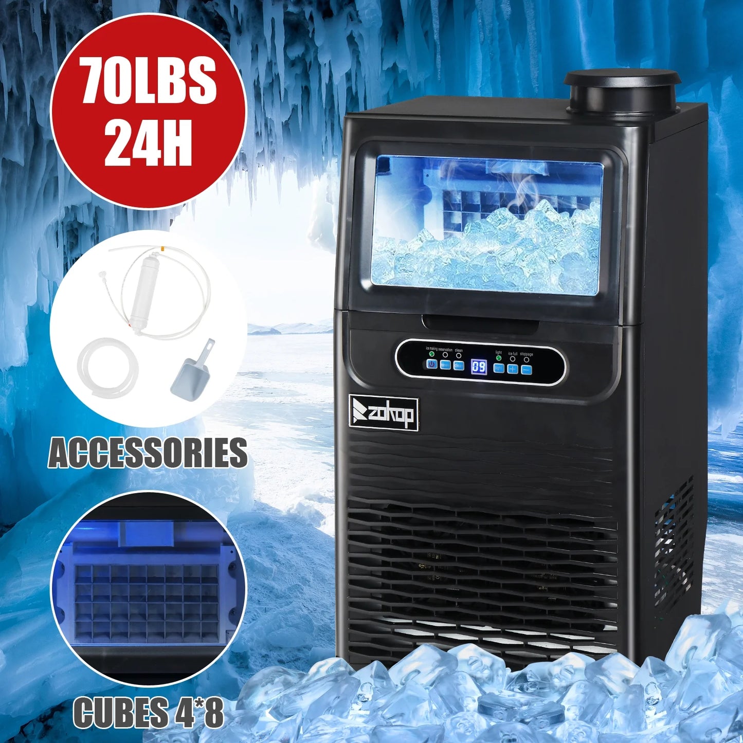 Ktaxon Stainless Steel Commercial Freestanding Ice Maker Machine, 70lbs/24h,Black