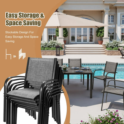 7 Piece Outdoor Dining Set, Patio Dining Table Set for 6 Persons, Garden Patio Textilene Dining Furniture Set with Plastic-Wood Tabletop, Dining Table Chairs Conversation Set for Deck Patio