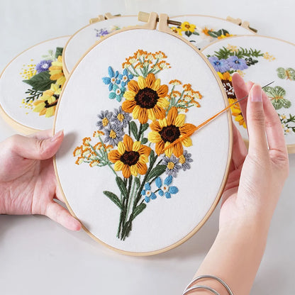 Embroidery Kit for Beginners,Jiaroutk 4 Sets Embroidery Starter Kit with Pattern and Instructions Craft Stamped Cloth with Sunflower Pattern Hoops Threads and Needles