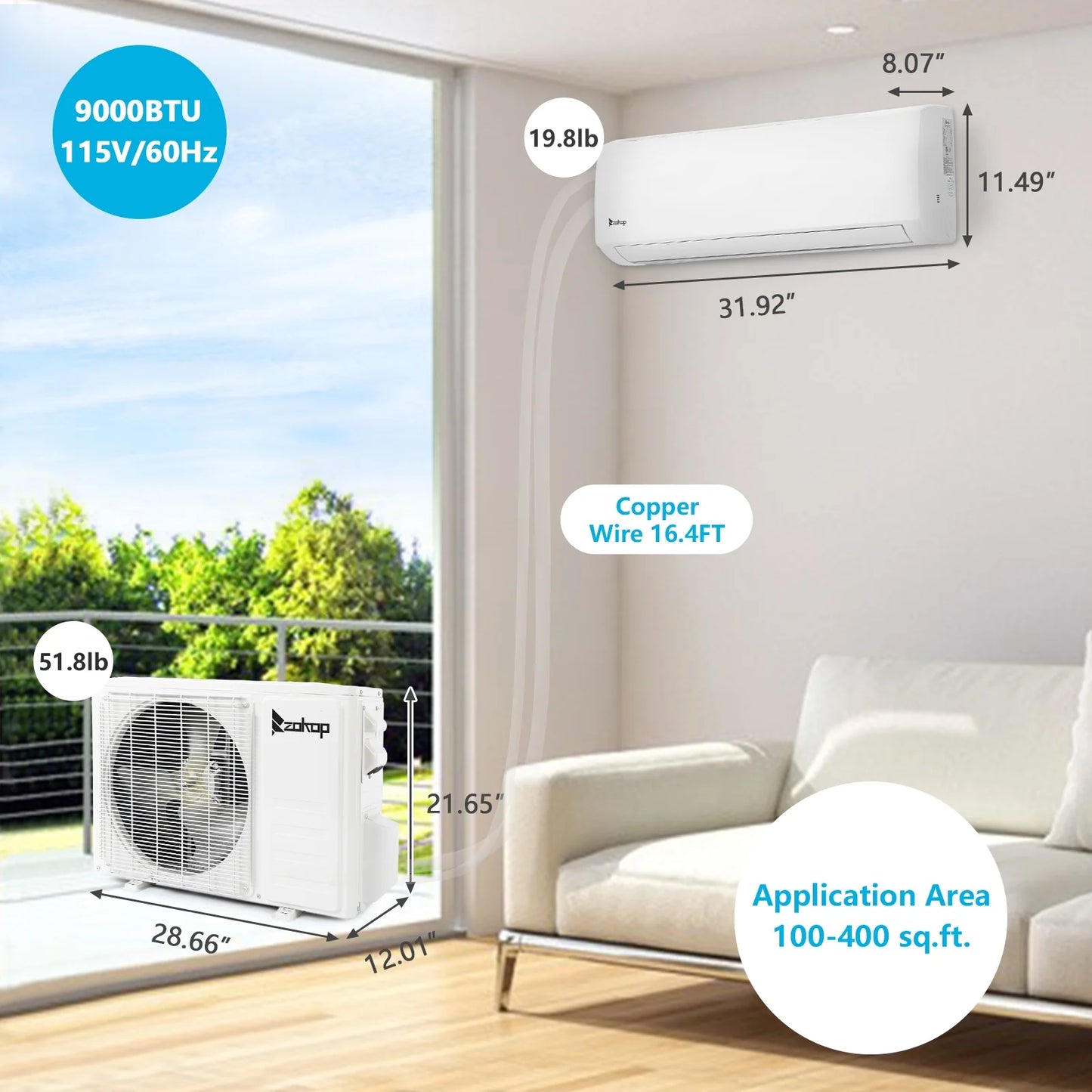 Ktaxon 9000 BTU Wifi Enabled 19 Seer Mini Split Air Conditioner & Heater AC 115V