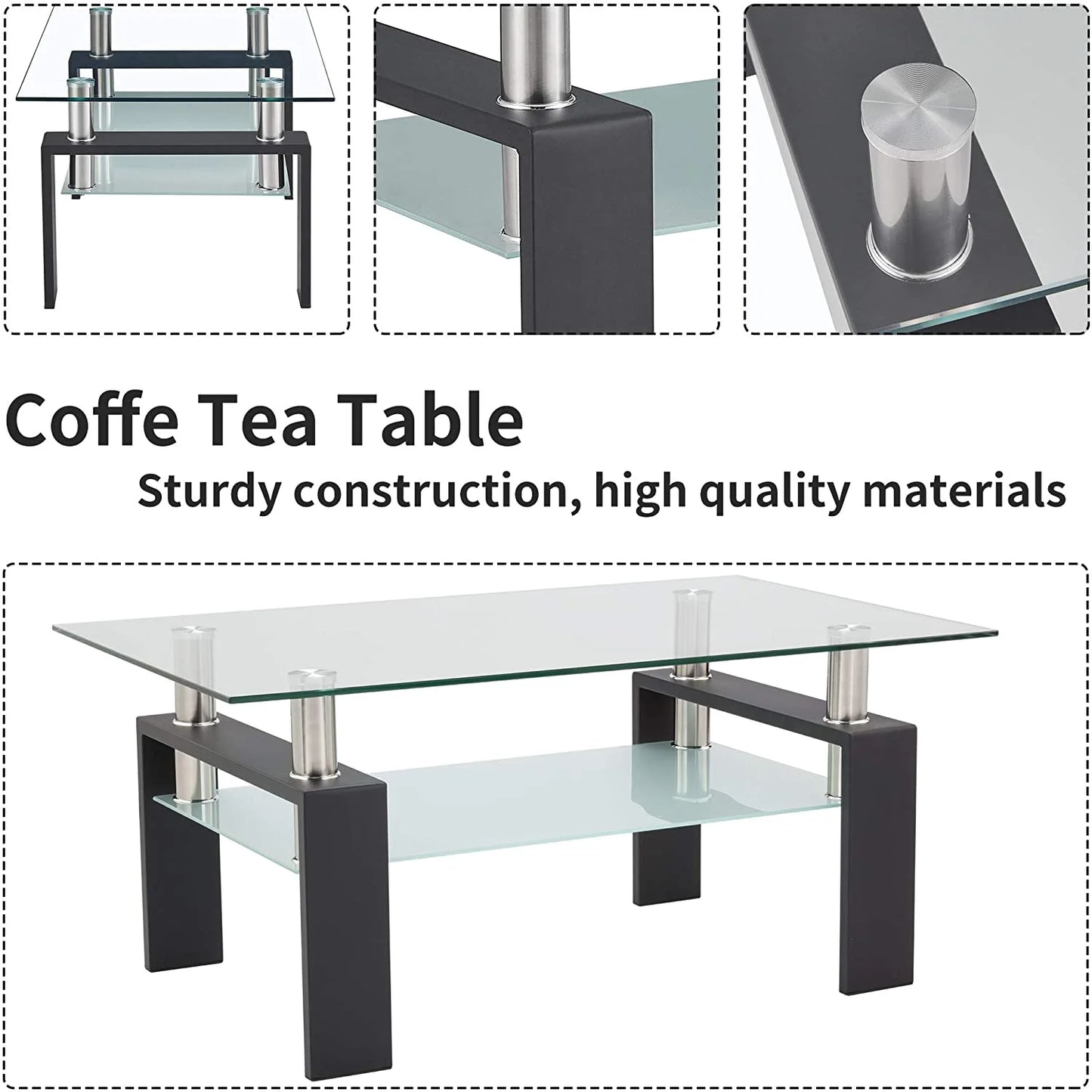 Glass Coffee Table with Lower Shelf, SEGMART Clear Rectangle Glass Coffee Table, Modern Coffee Table with Metal Legs, Rectangle Center Table Sofa Table Home Furniture for Living Room