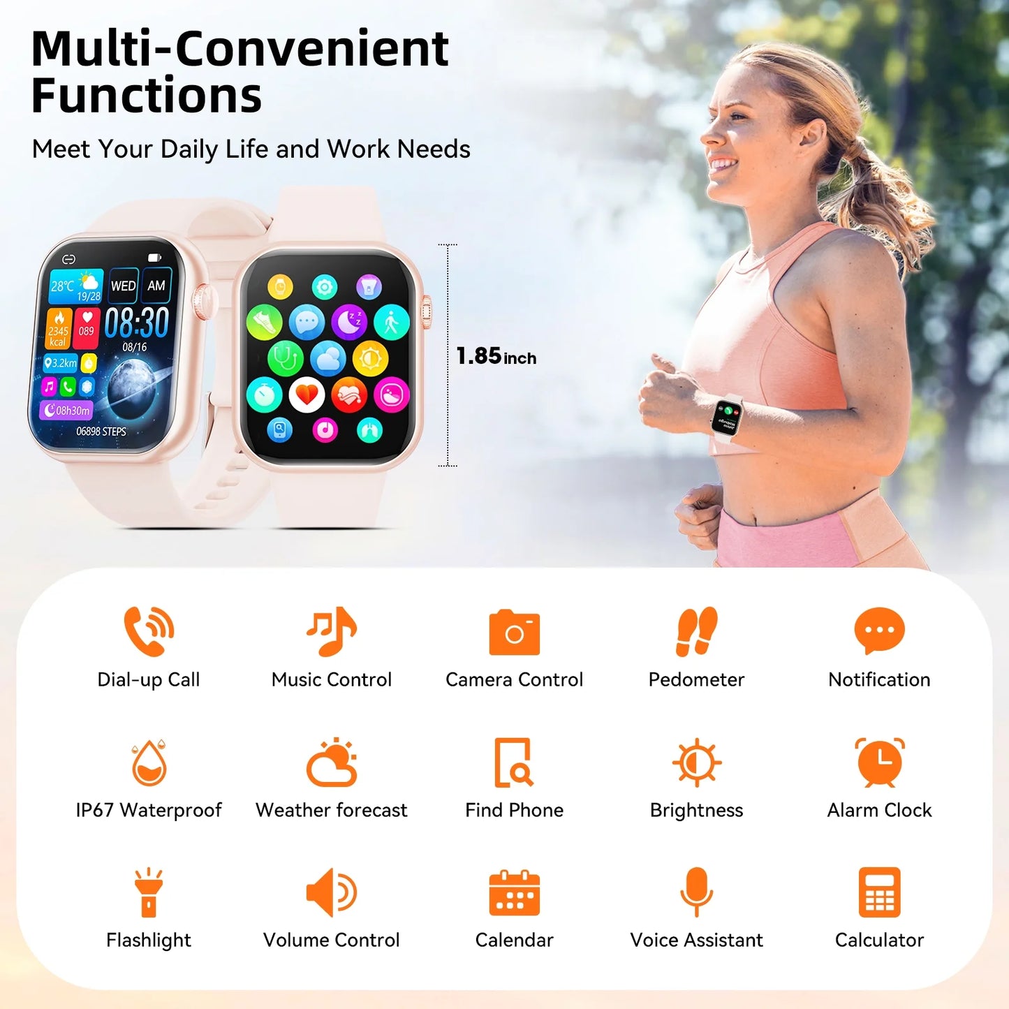 Mingdaln 2025 New 1.85-inch Men Women's Smartwatch with Answer/Make Calls/100 Sports Modes/Message Reminder, IP67 Waterproof Fitness Tracker for Android Iphone Devices（Pink）