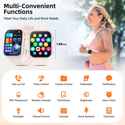 Mingdaln 2025 New 1.85-inch Men Women's Smartwatch with Answer/Make Calls/100 Sports Modes/Message Reminder, IP67 Waterproof Fitness Tracker for Android Iphone Devices（Pink）