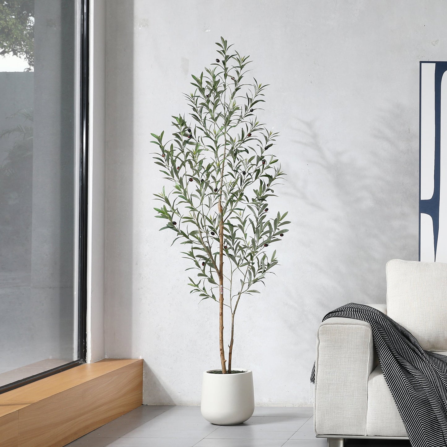 6ft Artificial Olive Tree with 10.5 inch White Planter, Tall Fake Olive Trees with Natural Wood Trunk and Lifelike Fruits, Faux Olive Silk Tree for Home Decor and Gift