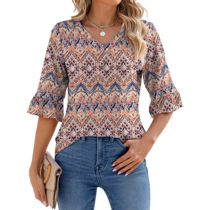 UVN Tunic Blouses for Womens Floral Print Tops Summer V-Neck 3/4 Ruffle Sleeve Blouse