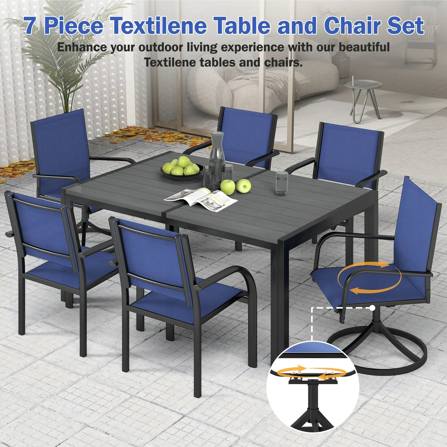 Segmart Outdoor Dining Set for 6 Person, Patio Table and Chairs Set with Textilene Armchairs, Conversation Furniture Set for Backyard, Poolside, Dark Blue