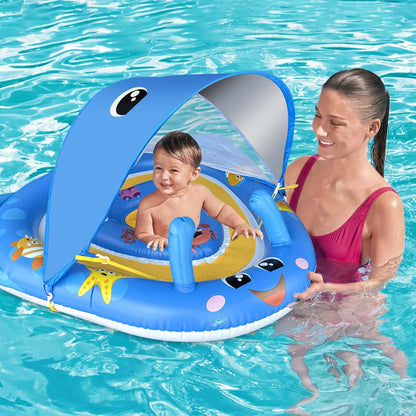 Ucradle Baby Pool Float with Canopy UPF50+ Sun Protection, 6-24 Months Inflatable Infant Swimming Ring with Adjustable Safety Seat