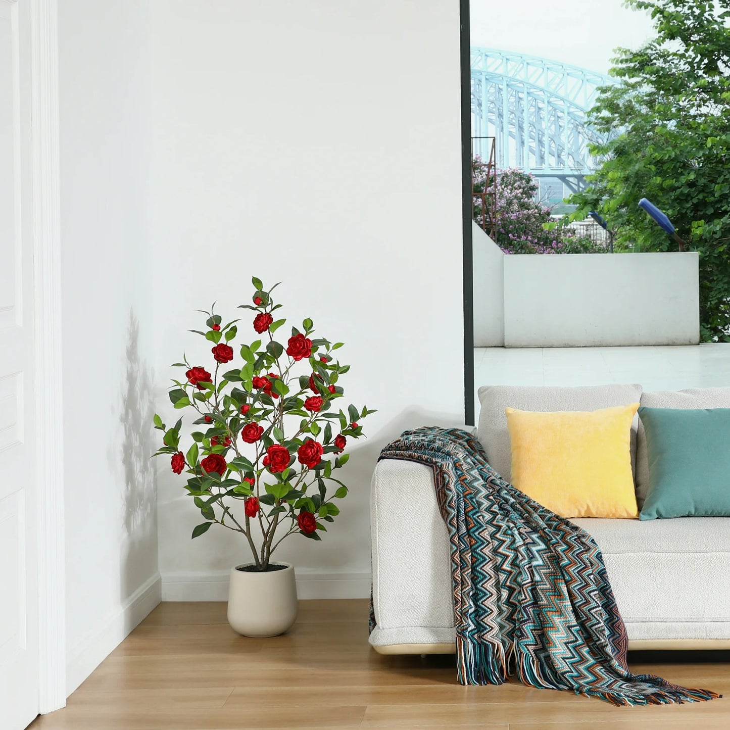 4ft Artificial Red Camellia Tree with 9 inch White Planter, Tall Fake Camellia Trees with Red Flowers, Faux Camellia Silk Plants for Indoor, Large Plants for Home Decor