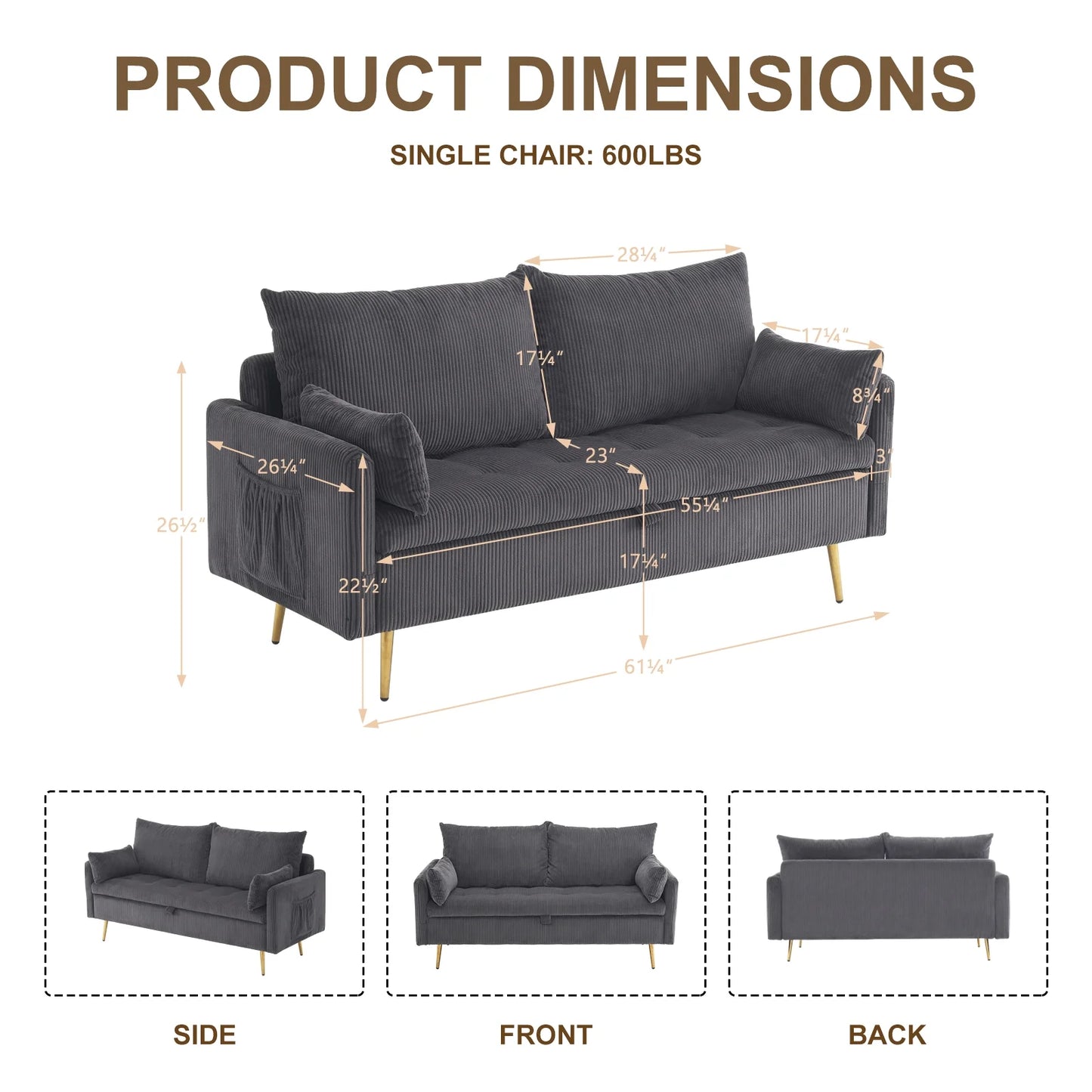 Furniliving 2 Seat Fabric Sofas with 2 Pillow, Modern Small Loveseat Sofa, Upholstered Button Tufted Sofa Couch, Gray