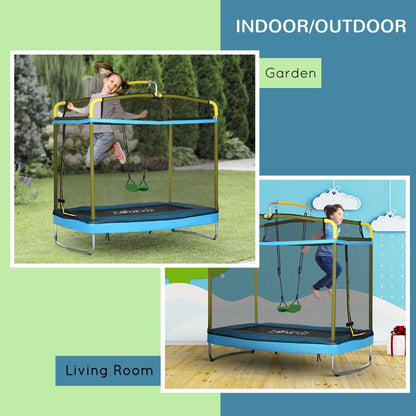 6FT Kids Trampoline with Horizontal Bar and Swing, Rectangle Toddler Trampoline with Enclosure Safety Net, 3-in-1 Outdoor Indoor Trampoline for Kids, Toddlers, Baby, Blue