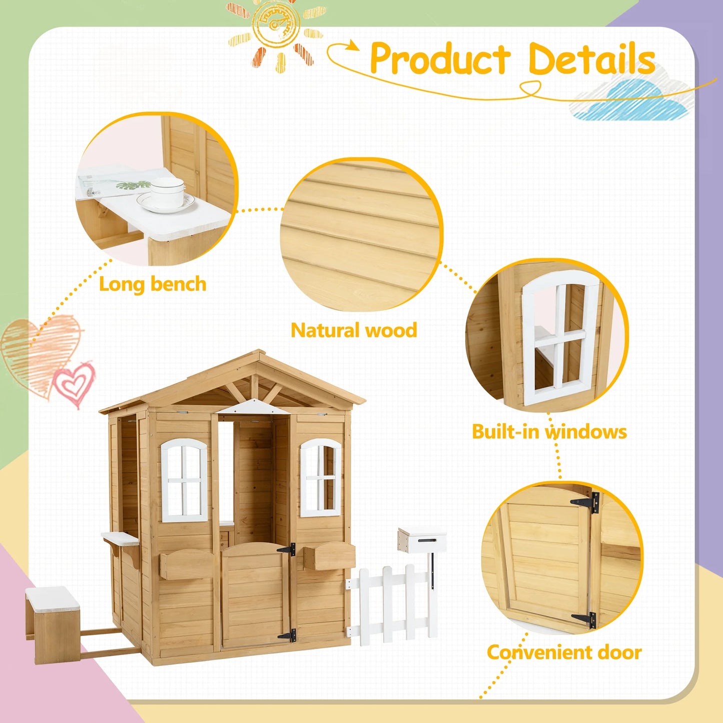 Outdoor Playhouse, Wooden Playhouse for Kids Outdoor with Bench, Windows, Working Door, Mailbox, Flowers Pot Holder, Girls Boys Outdoor Gift for Ages 2+, 80.17" x 38.19" x 55.5"