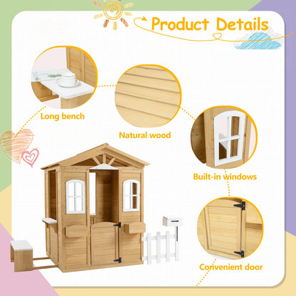 Outdoor Playhouse, Wooden Playhouse for Kids Outdoor with Bench, Windows, Working Door, Mailbox, Flowers Pot Holder, Girls Boys Outdoor Gift for Ages 2+, 80.17" x 38.19" x 55.5"