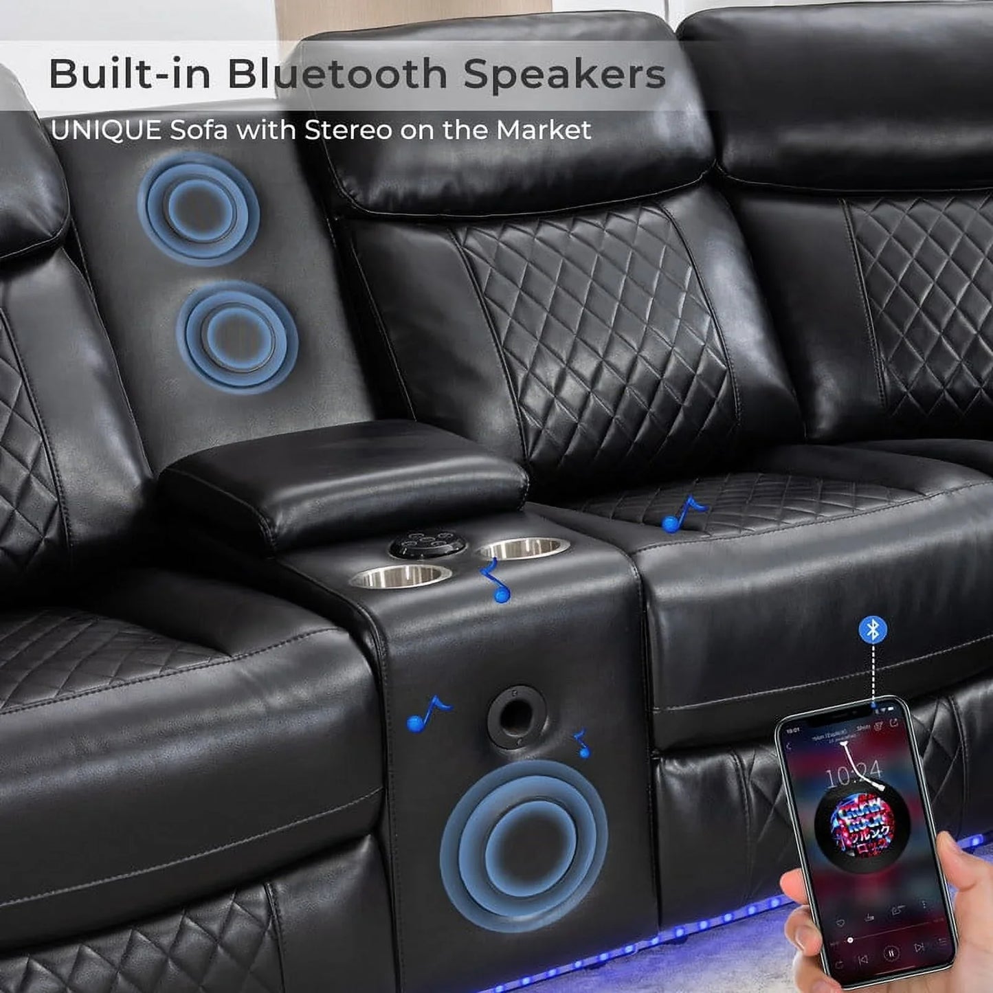 Comfort Stretch 5 Seats Power Recliner Sofa Sets with Speaker,Black Faux Leather Reclining Sectional Couch for Living Room Furniture Sets with USB Port,Storage Console,Cup Holders,LED Lights