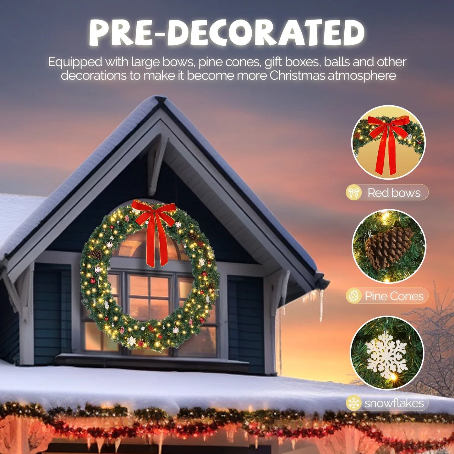 Ktaxon 60in Outdoor Christmas Wreath PVC Bow Decoration 220 Lights LED Garden Garland Decoration Green