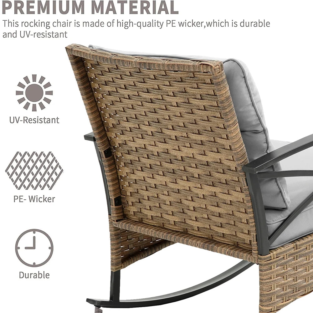 3 PCS Rocking Bistro Set, Outdoor Patio Porch Furniture Sectional Chairs with Tea Table, PE Rattan Patio Furniture Conversation Set for Lawn Pool Courtyard Garden Balcony