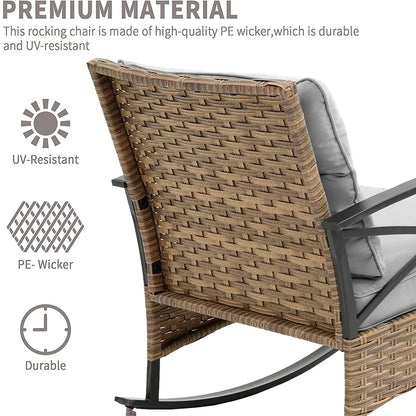 3 PCS Rocking Bistro Set, Outdoor Patio Porch Furniture Sectional Chairs with Tea Table, PE Rattan Patio Furniture Conversation Set for Lawn Pool Courtyard Garden Balcony