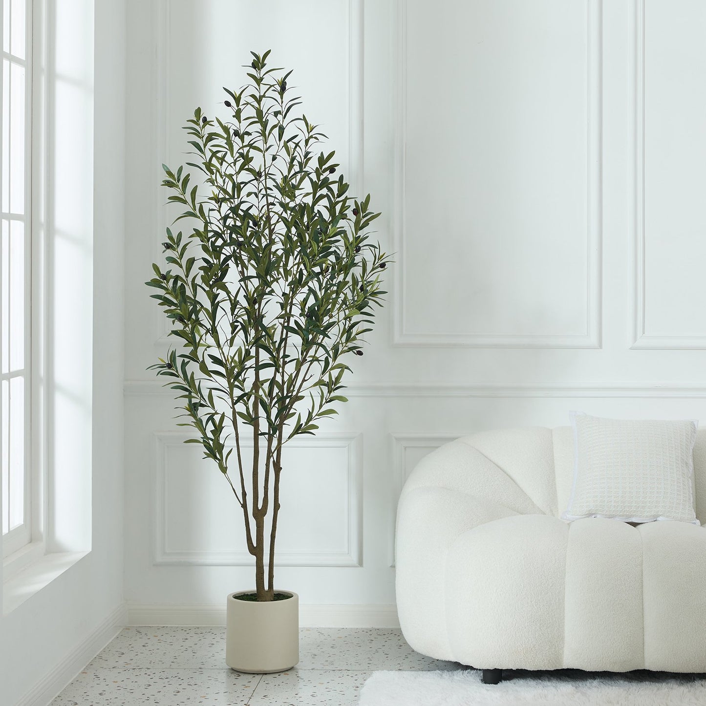 Artificial Olive Trees Indoor, 6FT Tall Faux Olive Tree with White Tall Planter, Artificial Plants with Muti Trunk and Lifelike Fruits for Home Office Decor