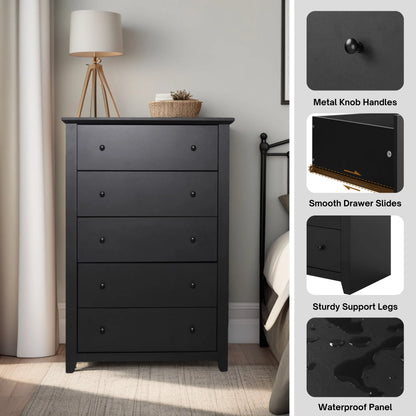 TrumanPick Black Dresser for Bedroom with 5 Drawers 47" Tall Chest of Drawers Wooden Dressers for Closet Living Room