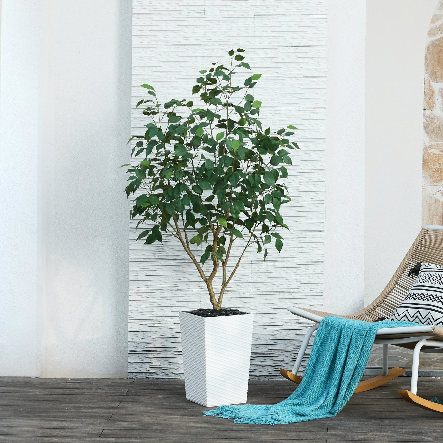 DR.Planzen Artificial Ficus Tree 5ft - UV Protected Faux Ficus Plant with Adjustable Branches and Realistic Green Leaves for Indoor  Outdoor Decor, White Large Planter with River Rocks