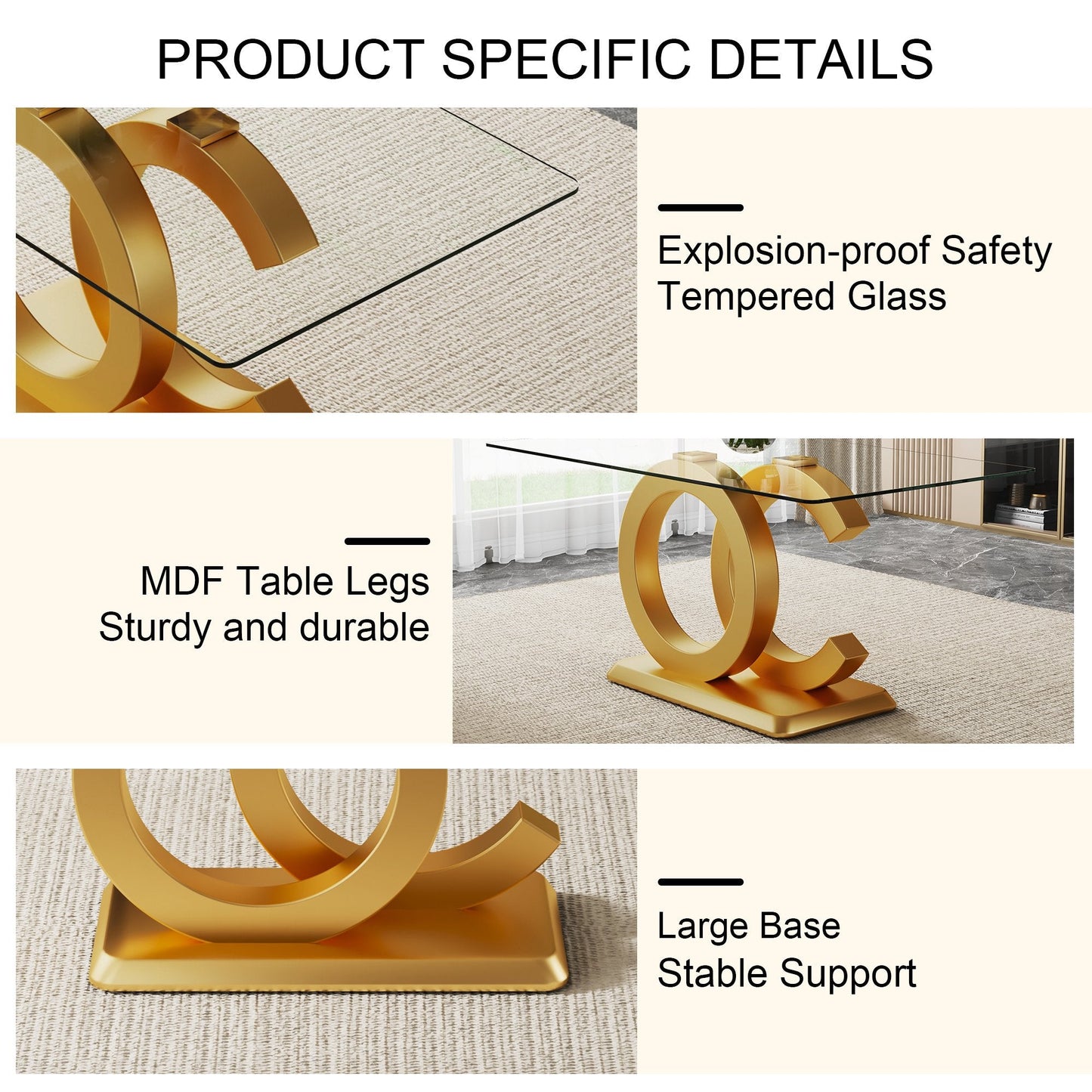 63" Modern Glass Dining Table Set with 6 White Pu Leather Chairs, 7 pieces of Dining room Set for Kitchen Dining Room Living Room Office