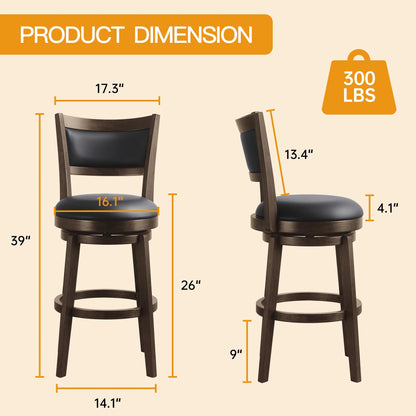 ConzyFancy Set of 2 Swivel Counter Height Barstool 26 Inch Seat Bar Stools Kitchen Bar Chairs for Dining Room Cappuccino