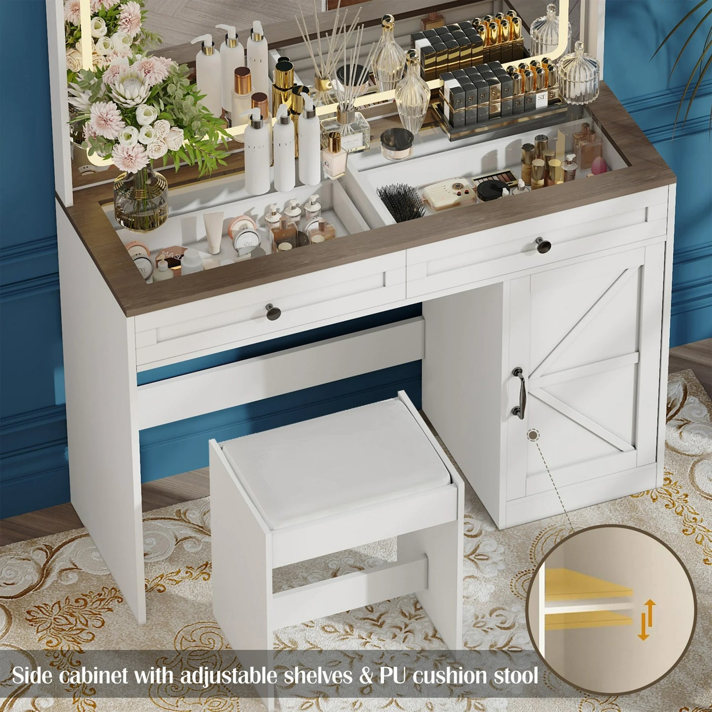 Vanity Desk with Mirror and Lights, PAPROOS Vanity Table Makeup Desk with 2 Drawers and 1 Cabinet, Large Mirror Vanity Set with Glass Table Top and Cushioned Stool for Bedroom, 43.3 Inch, White