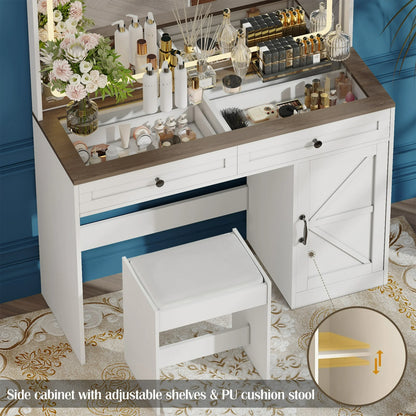 Vanity Desk with Mirror and Lights, PAPROOS Vanity Table Makeup Desk with 2 Drawers and 1 Cabinet, Large Mirror Vanity Set with Glass Table Top and Cushioned Stool for Bedroom, 43.3 Inch, White