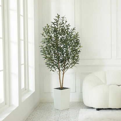 DR.Planzen 6FT Tall Artificial Olive Tree with Tall White Planter, UV Resistant Silk Leaves  Real Wood Trunk | Home Office House Outdoor Decor