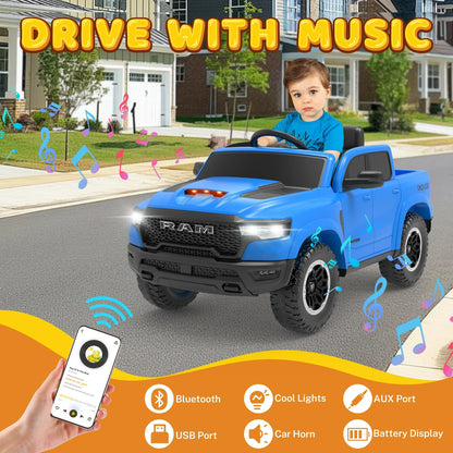 RAM Ride on Car, 12V Powered Ride on Toy with Remote Control, 4 Wheel Suspension, 5 Point Safety Belt, MP3 Player, Bluetooth, LED Lights, Electric Cars for 3-6 Years Boys Girls, Blue