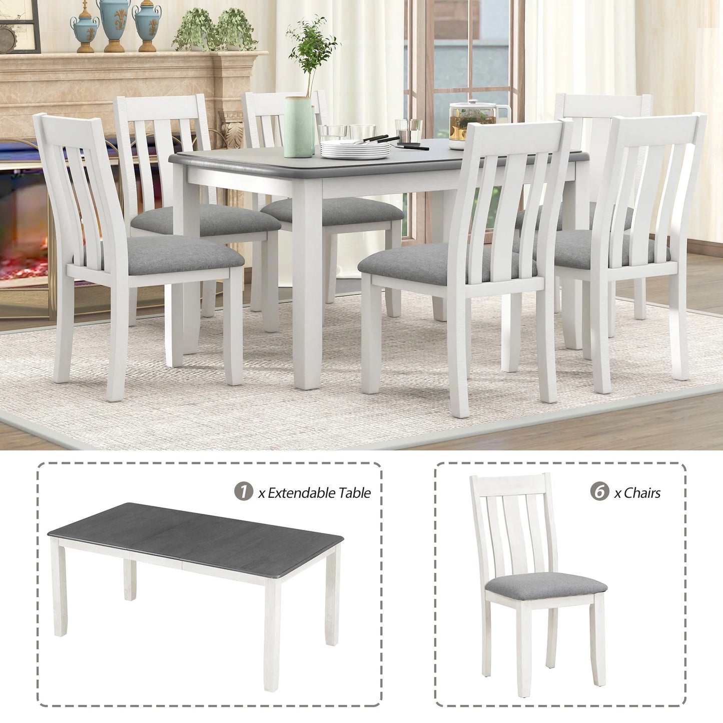 EUROCO 7 Piece Solid Wood Dining Set,70" Dining Room Table Set with Extendable Table,Removable Leaf and 6 Upholstered Ergonomically Desiged Chairs,Rectangle Dining Table Set for 6-8