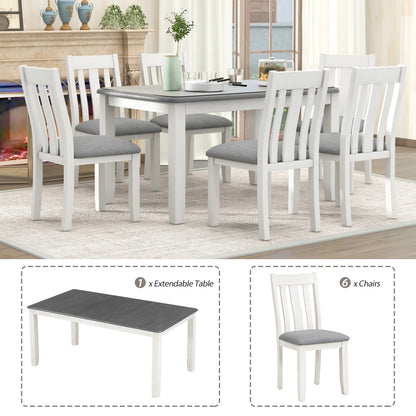 EUROCO 7 Piece Solid Wood Dining Set,70" Dining Room Table Set with Extendable Table,Removable Leaf and 6 Upholstered Ergonomically Desiged Chairs,Rectangle Dining Table Set for 6-8