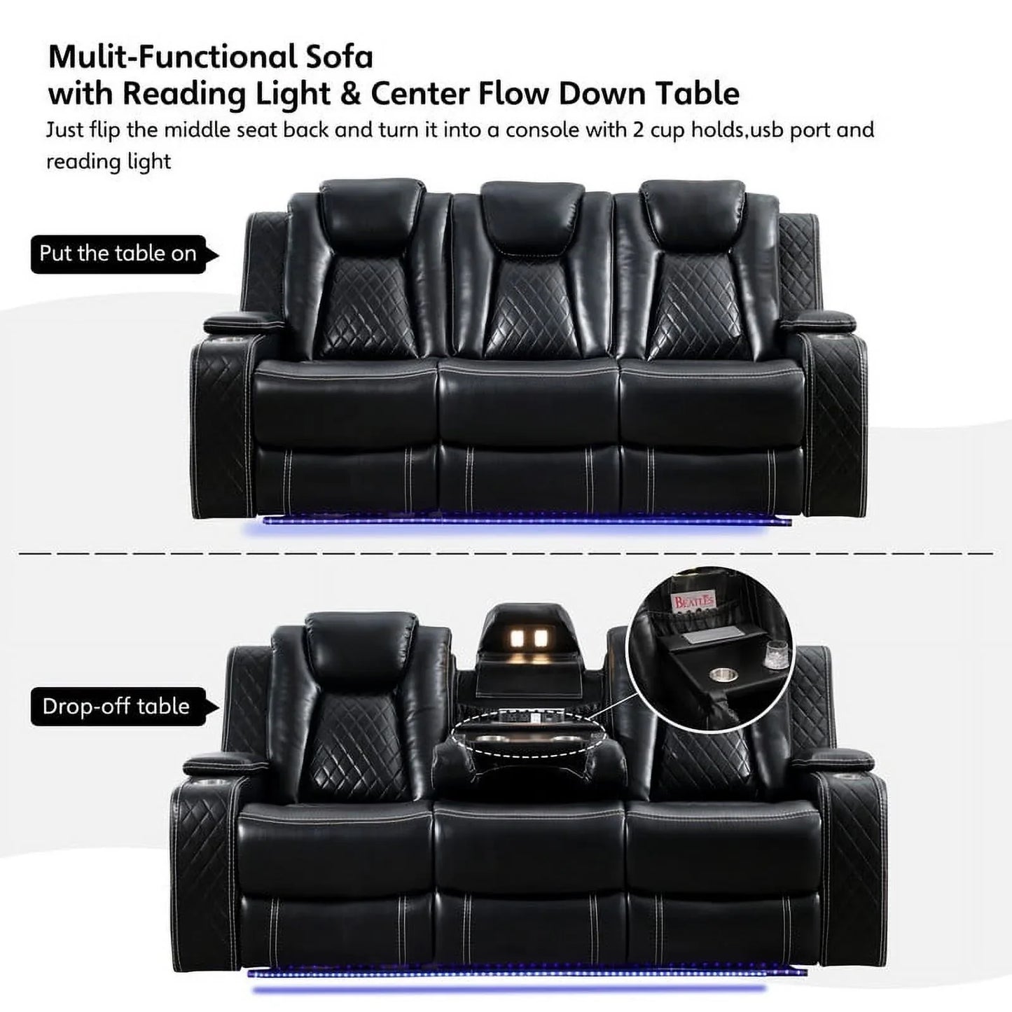 3-Seat Power Recliner Chair Sofa Set for Living Room,Black Faux Leather Electric Home Theater Seating Reclining Sofa Couch with Flipped Middle Backrest,LED Light,USB Port,Cup Holder,Hidden Arm Storage