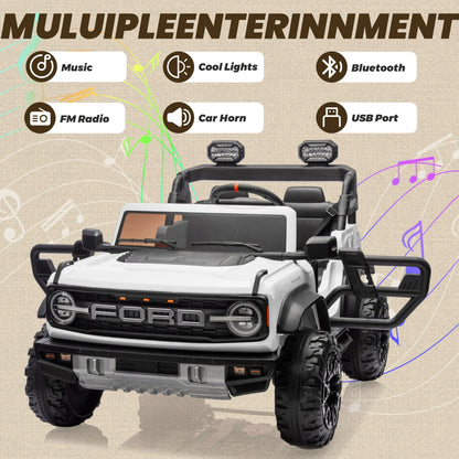 Licensed Ford Bronco Raptor 24V Kids Electric Car, 2-Seater Ride On Car for Ages 3-10 with Parent Remote Control, 4.4MPH Max Speed, 130lb Max Weight, Bluetooth Music, ASTM F963 Certified (White)
