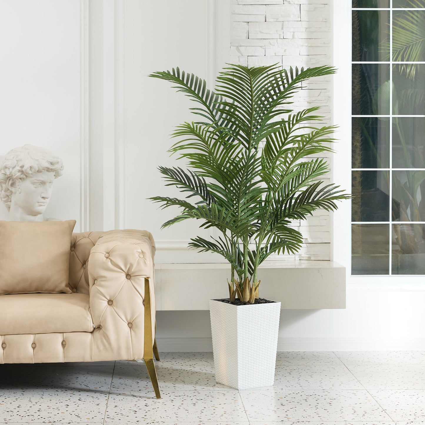 DR.Planzen UV Resistant 5ft Artificial Palm Tree with White Large Planter, Faux Palm Tree for Indoor  Outdoor decor, Faux Plant with Adjustable Leaves for Home, Office, and Garden Decor