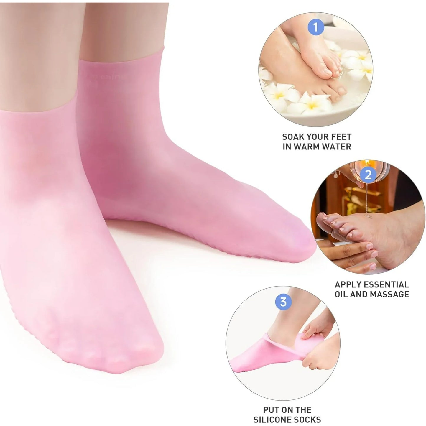 Aphlos Long Silicone Socks 2 Pairs, Moisturizing Socks, Soft Gel Socks for Dry Cracked Feet Women, Comfortable for Overnight Use & Spa Recovery (Pink & White)