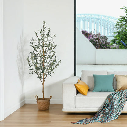 6 ft Artificial Olive Plants with Realistic Leaves and Natural Trunk, Silk Fake Potted Tree with Wood Branches and Fruits, Faux Olive Tree for Office Home Decor